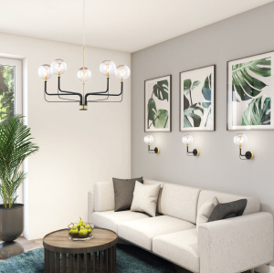 Czarny nowoczesny żyrandol z mosiężnymi dodatkami i kloszami kulami Jupiter 1886 Eris Ei 5 Cz Ms 5xG9 62cm