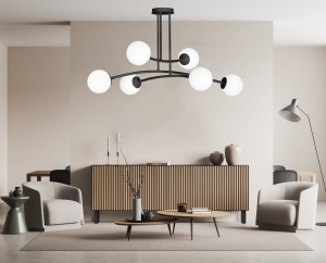 Czarna lampa sufitowa do salonu rozległe ramiona i szklane kule Emibig 1024/6 Halldor 6 Black