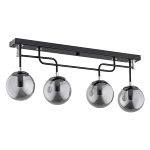 Lampa sufitowa czarna podłużna listwa z elementami chromu szklane dymione klosze Gatus Alfa 63027 4xE14 33cm x 118cm