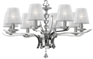 Chromowany żyrandol z białymi abażurami i kryształem lampa wisząca Ideal Lux 059242 Pegaso 8xE14 76cm x 150cm