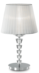 Lampa stołowa chromowana podstawa z elementami szkła i biały plisowany abażur Ideal Lux 059259 Pegaso E27 55cm x 30cm
