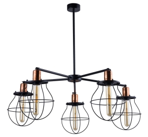 Czarna industrialna lampa sufitowa z miedzianymi gwintami w metalowych klatkach Nowodvorski 9738 Manufacture V 5xE27 72cm x 84cm