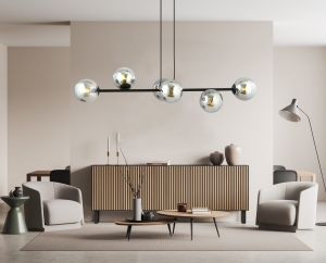 Lampa wisząca czarna listwa 110cm i 6 kloszy kul grafitowych Emibig 875/6 Czarny Rossi 6 Bl Grafit 6xE14