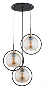 Lampa wisząca na okrągłej podsufitce czarno złota bursztynowe szklane klosze z metalową ramką Seldi Alfa 62177 3xE27 90cm x 45cm