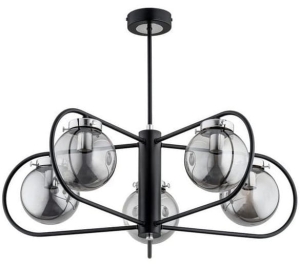Designerska czarno srebrna lampa sufitowa półowalne ramiona i dymione szklane klosze kule Arakis Glass Alfa 61046 5xE14 50cm x 65cm