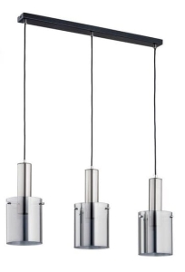 Lampa wisząca nad stół czarna listwa srebrne podłużne oprawki dymione cylindryczne klosze Celia Silver Alfa 62166 3xE27 90cm x 73cm