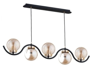 Nowoczesna lampa wisząca nad stół listwa czarno złota ozdobny falowany stelaż bursztynowe szklane klosze kulki Korda Gold Alfa 62155 5xE14 90cm x 97cm