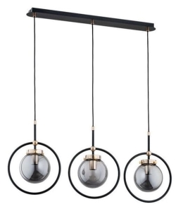 Minimalistyczna lampa wisząca nad stół na listwie czarna dymione klosze z metalową oprawką i złotymi elementami Akira Alfa 62174 3xE14 90cm x 80cm