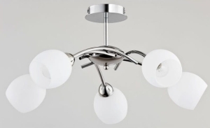 Lampa sufitowa chromowana do salonu białe szklane klosze z otwartym spodem Kamina Alfa 24905 5xE14 26cm x 60cm