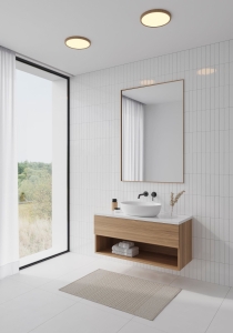 Brązowa okrągła lampa sufitowa płaski plafon Nordlux 50046104 Oja LED 17W 2700K IP54 29,4cm ściemnialny