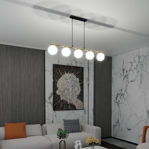 Lampa wisząca złota listwa czarne dodatki i pięć białych kloszy kul Emibig 1254/5 Monza 4xE14 85cm