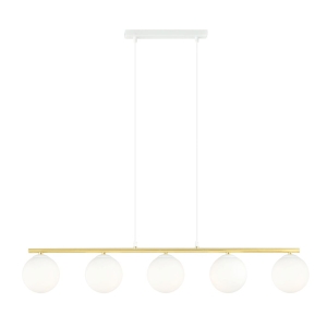 Lampa wisząca złota listwa białe dodatki i pięć białych kloszy kul Emibig 1255/5 Monza 4xE14 85cm
