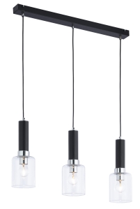 Czarna lampa wisząca na listwie z chromowanymi dodatkami i transparentnymi kloszami Jupiter 1869 Tuluza Ch 3xE27 70cm