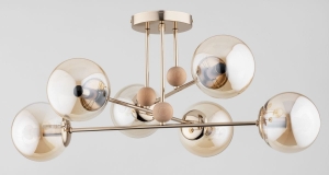 Złota lampa sufitowa z bursztynowymi kloszami kulami Alfa 63133 Opty 6xE14 71cm