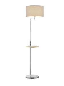 Lampa podłogowa z drewnianym stolikiem i kloszem z tkaniny matowy nikiel Trio Lighting 400400107 Claas 1xE27 160cm