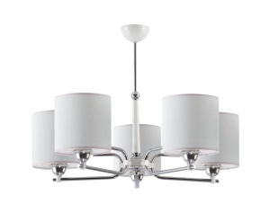 Chromowany żyrandol z białymi dodatkami i biało-szarymi abażurami Jupiter 1405 Twingo 5xE27 60cm