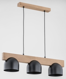 Lampa wisząca nad stół drewniana podłużna z metalowymi czarnymi kloszami Gros Alfa 62089 3xE27 70cm x 15cm x 70cm