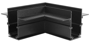 Czarny łącznik kątowy metalowy do szynoprzewodów magnetycznych podtynkowych Domeno Led LL-20D płyta GK pojedyncza lub podwójna 12,5 mm