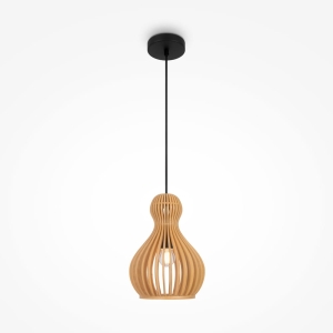 Czarna lampa wisząca gruszka z brązowym kloszem z sklejki Maytoni MOD192PL-01W Roots E27 20cm