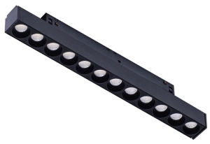Czarny podłużny reflektor diodowy na szynoprzewód magnetyczny Alfa Azzardo AZ4901 Kira LED 12W 3000-6000K 24,5cm 50stopni Bluetooth