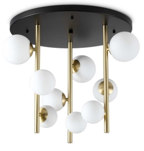 Czarno-mosiężna lampa sufitowa białe szklane kule na trzech drążkach Ideal Lux 328423 Perlage pl9 9xG9