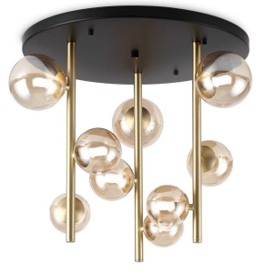 Czarno-mosiężna lampa sufitowa bursztynowe szklane kule na trzech drążkach Ideal Lux 328409 Perlage pl9 9xG9