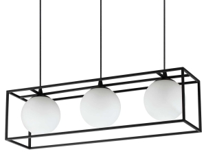 Metalowa lampa wisząca rama kostka czarna i trzy szklane białe kule Ideal Lux 304144 Lingotto sp3 3xE14