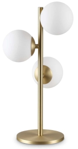Lampa stołowa trzy szklane kule białe na smukłym drążku satynowy mosiądz Ideal Lux 292472 Perlage tl3 3xG9 24cm