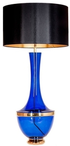 Lampa stołowa szafirowa szklana podstawa z złotymi dodatkami i czarno złoty abażur 4Concepts L232271308 Troya E27 105cm x 50cm