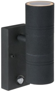 Czarna lampa ścienna na elewację tuba z czujnikiem ruchu i zmierzchu Lucide 14866/10/30 Arne 2xGU10 IP44