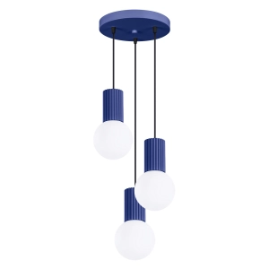 Potrójna lampa wisząca białe kule na karbowanej tulejce w kolorze ultramaryna Sollux Lighting SL.1740 Halo 3xG9