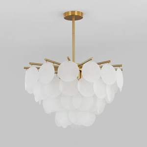 Mosiężna lampa sufitowa z kaskadowo ułożonymi szklanymi białymi płatkami Step Into Design D8584P/R600 white Fiore 7xE14 50cm