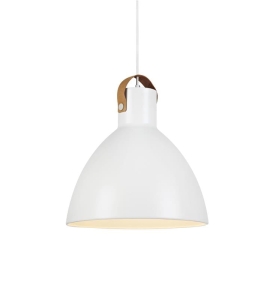 Lampa wisząca w stylu skandynawskim ze skórzanym dodatkiem biały metalowy klosz MarkSlojd 106551 Eagle 34cm