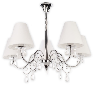 Chromowany żyrandol z białymi abażurami i kryształkami Lemir O1965 CH BIA Veilo 5xE27 85cm