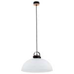 Pojedyncza lampa wisząca z białym szklanym kopułowym kloszem czarny przewód i drewniane elementy Bolo Big Alfa 60584 E27 90cm x 40cm