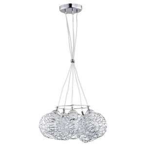 Lampa wisząca srebrna z drucianymi kloszami na okrągłym stelażu przewody spięte ozdobną klamrą Amaso Alfa 20375 5xE27 78cm x 45cm