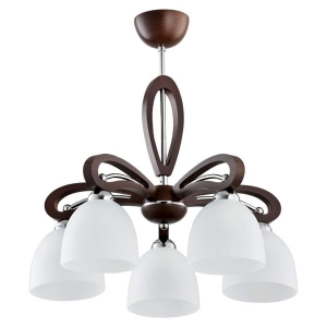Lampa sufitowa z drewna wenge z dodatkiem chromu mleczne szklane klosze Gracja Vigo  Alfa 20895 5xE27 43cm x 50cm