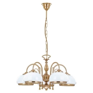 Lampa wisząca na łańcuchu klasyczna złota i białe szklane klosze Paris Alfa 5512 5xE27 76cm x 62cm