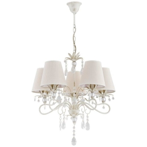 Lampa wisząca na łańcuchu stelaż biały antyczny i kremowe klosze z tkaniny Lukrecja Alfa 21065 5xE14 84cm x 63cm