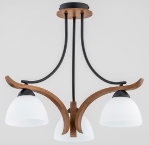 Drewniana lampa sufitowa z białymi szklanymi kloszami i czarnym metalowym stelażem Bafia Alfa 26123 3xE27 46cm x 46cm