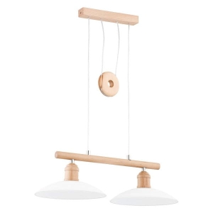 Drewniana lampa wisząca nad stół z białymi szklanymi kloszami podłużna listwa i dekoracyjna drewniana zawieszka Konar Alfa 60172 2xE27 90cm x 65cm