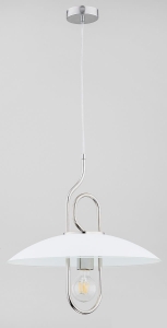 Nowoczesna lampa wisząca chromowana w kształcie agrafki z szerokim białym kloszem daszkiem Chee Cr Alfa 60624 E27 90cm 47cm