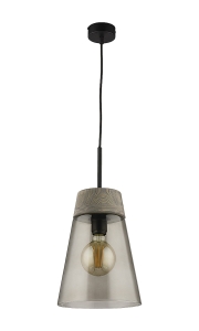 Czarna lampa wisząca z ciemnym drewnem i dymnym szklanym kloszem Jupiter 1652 Domino E27 23cm