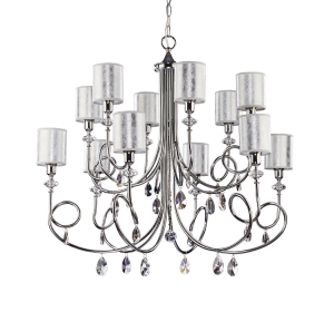 Chromowana duża lampa wisząca żyrandol z kryształkami i srebrnymi abażurami Jupiter 1596  Delfina 12xE14 94cm