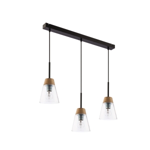 Lampa wisząca z transparentnymi kloszami na listwie czarnej i dodatkiem drewna Jupiter 1545 Domino 3xE27 67cm