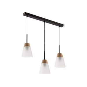 Lampa wisząca z białymi matowymi kloszami na listwie czarnej i dodatkiem drewna Jupiter 1546 Domino 3xE27 67cm
