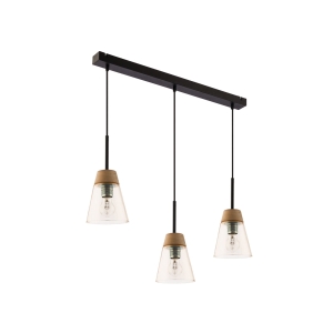 Lampa wisząca z bursztynowymi kloszami na listwie czarnej i dodatkiem drewna Jupiter 1547 Domino 3xE27 67cm