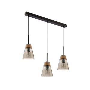Lampa wisząca z dymnymi kloszami na listwie czarnej i dodatkiem drewna Jupiter 1548 Domino 3xE27 67cm