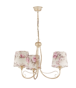 Klasyczny żyrandol w kolorze starego złota z abażurami ecru w wzory kwiatowe Jupiter 1283 Sara 3xE27 72cm
