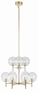 Złota lampa wisząca z długą rurką i przezroczystymi kloszami MarkSlojd 107920 Crown  9xE14 173cm x 70cm